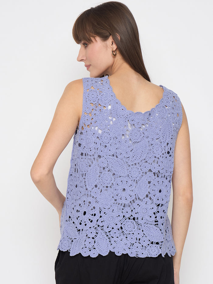 Madame Crochet Sleeveless Solid Powder Blue Top