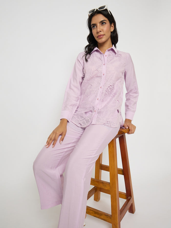 Madame Cutwork Embroidery Top and Bottom Mauve Co-ord Set