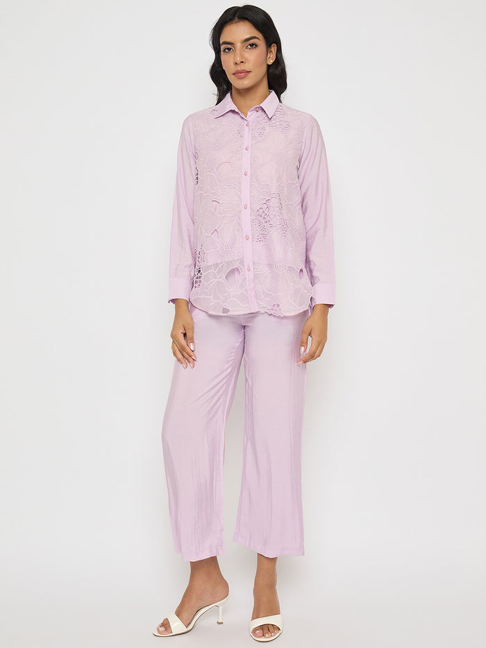 Madame Cutwork Embroidery Top and Bottom Mauve Co-ord Set