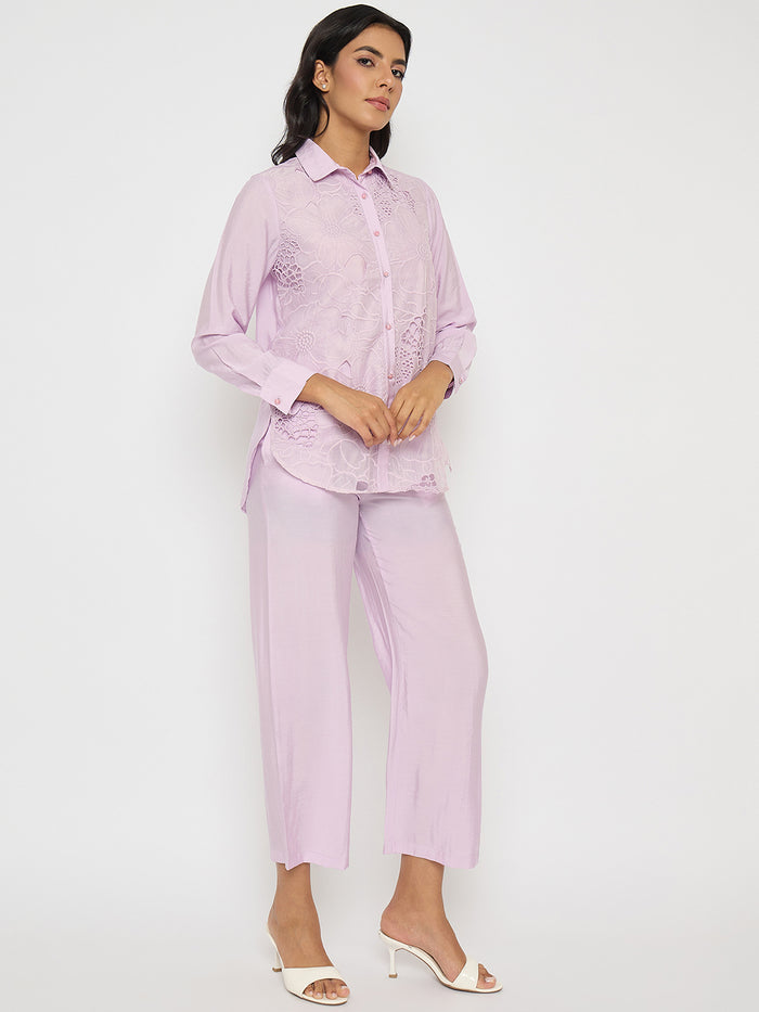 Madame Cutwork Embroidery Top and Bottom Mauve Co-ord Set