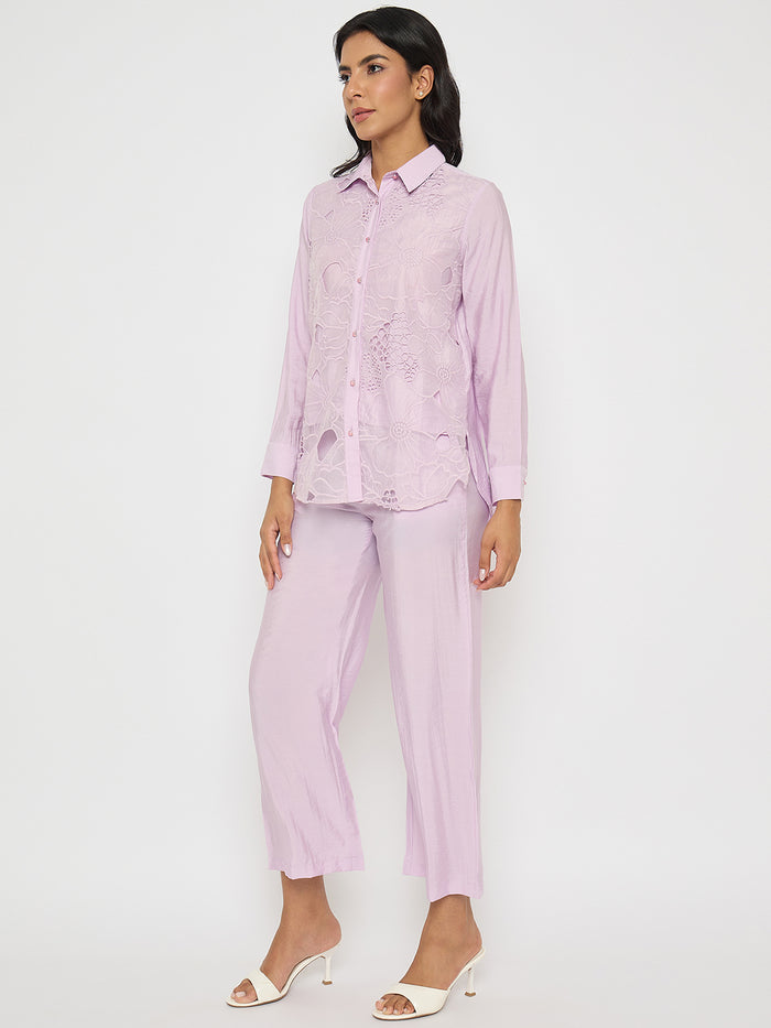 Madame Cutwork Embroidery Top and Bottom Mauve Co-ord Set