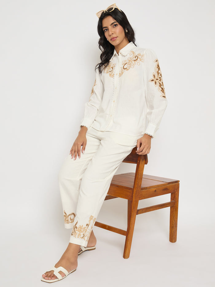 Madame Dori Embroidered White Cotton Blend Co-ord Set
