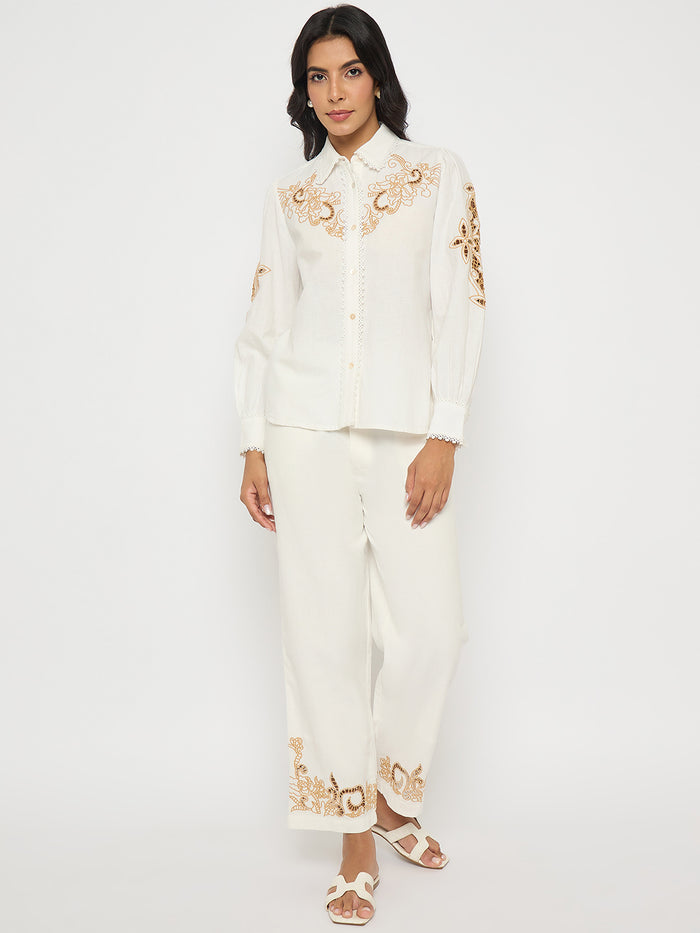 Madame Dori Embroidered White Cotton Blend Co-ord Set