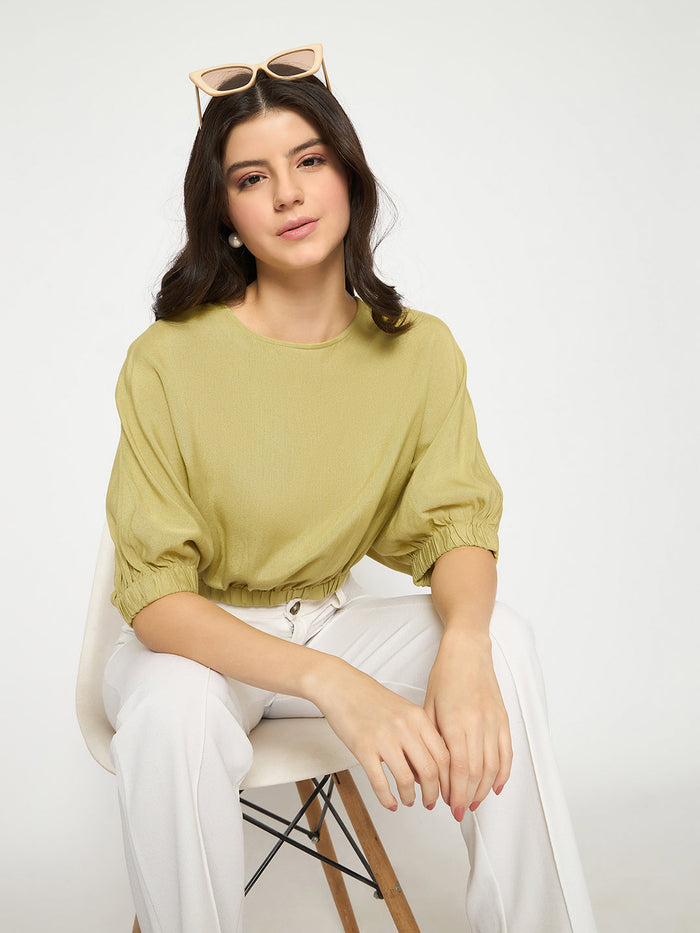 Madame Elasticated Hem Solid Apple Green Top
