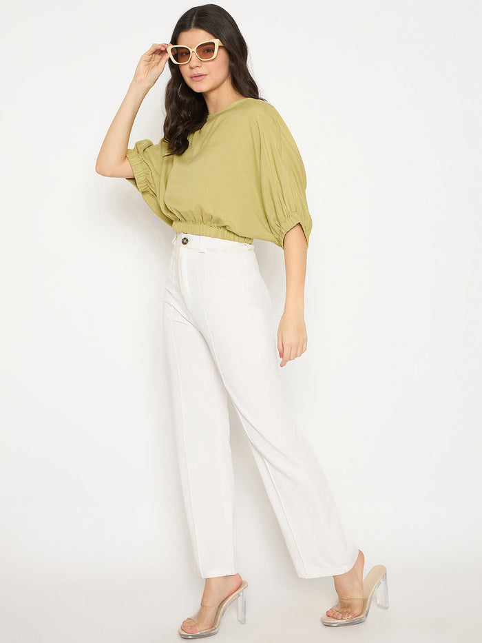 Madame Elasticated Hem Solid Apple Green Top