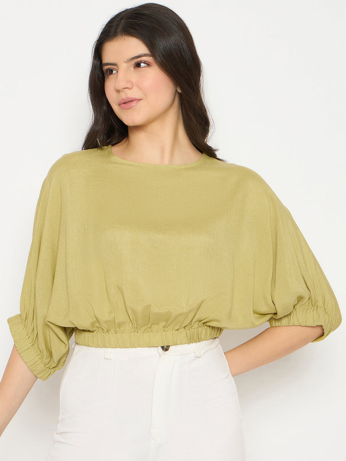 Madame Elasticated Hem Solid Apple Green Top