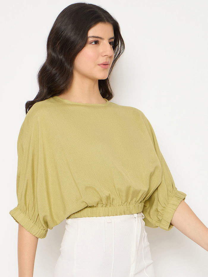 Madame Elasticated Hem Solid Apple Green Top