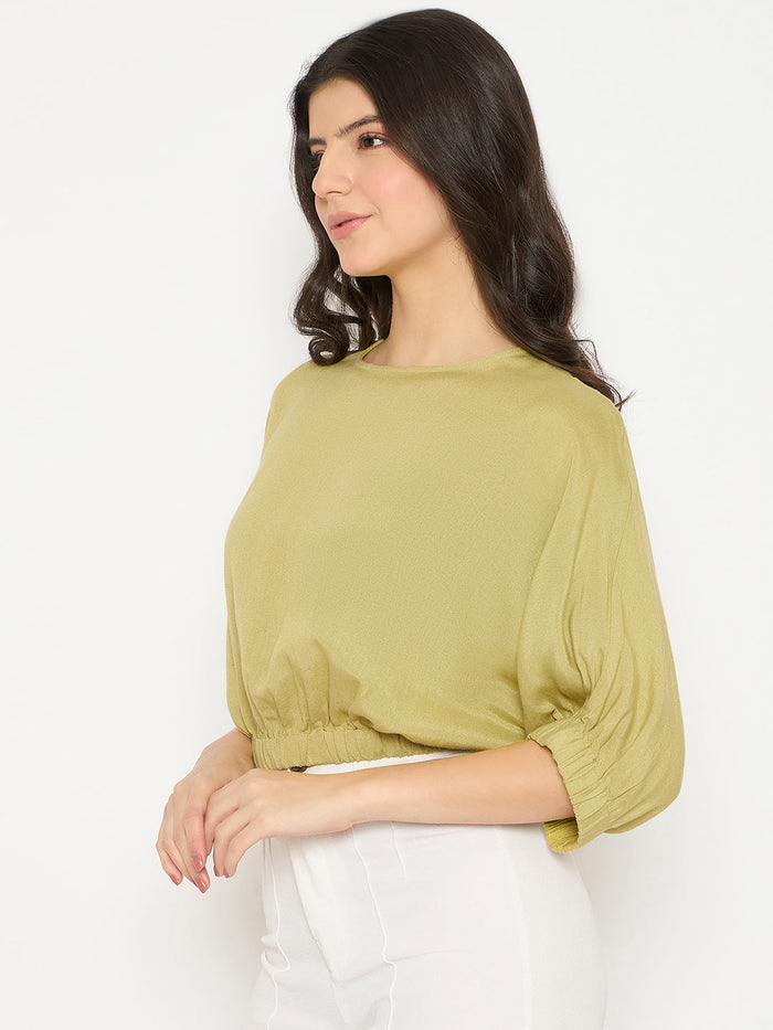 Madame Elasticated Hem Solid Apple Green Top