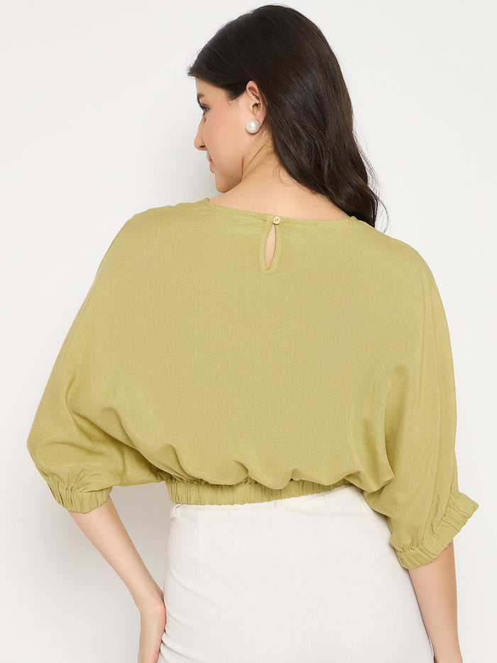 Madame Elasticated Hem Solid Apple Green Top