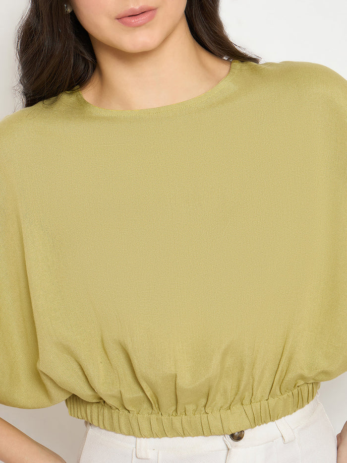 Madame Elasticated Hem Solid Apple Green Top