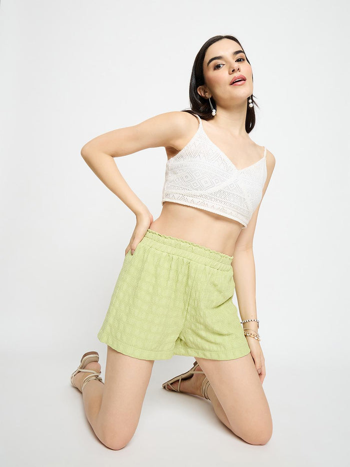 Madame Elasticated Solid Green Shorts