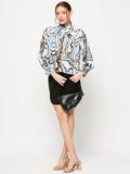Madame Embellished Butterfly Print Sky Blue Mock Neck Top