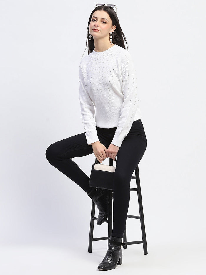 Madame Embellished Full Sleeve Off White Knitted Top