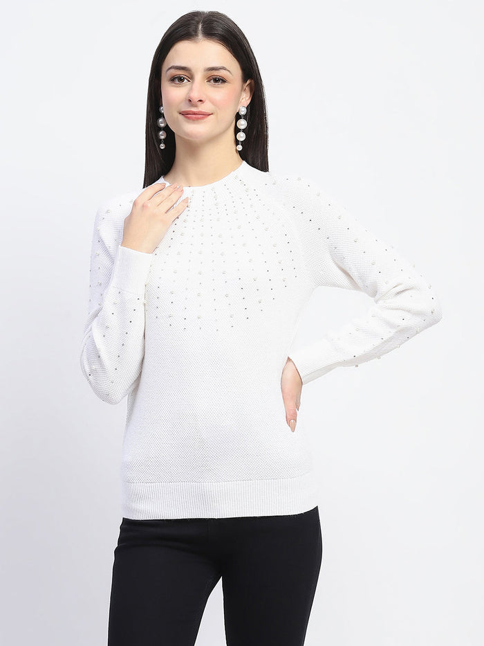 Madame Embellished Full Sleeve Off White Knitted Top
