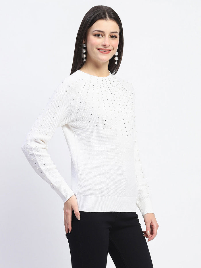 Madame Embellished Full Sleeve Off White Knitted Top