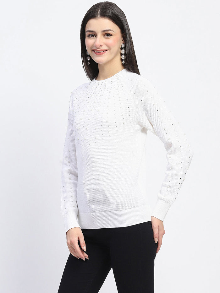 Madame Embellished Full Sleeve Off White Knitted Top