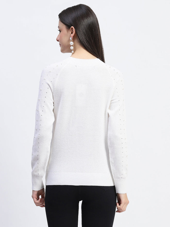 Madame Embellished Full Sleeve Off White Knitted Top