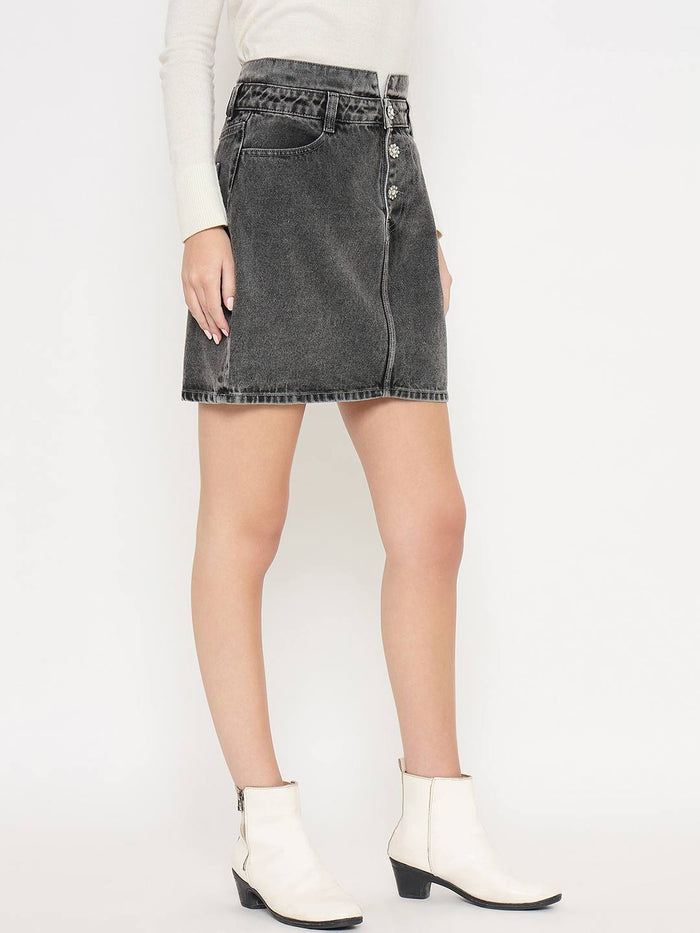 Madame Embellished Gray Wash Black Mini Skirt