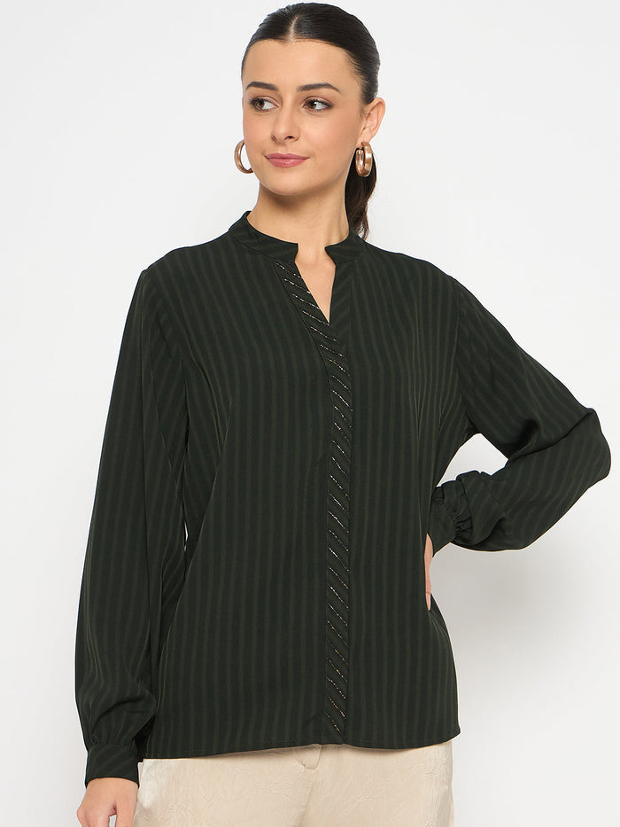 Madame Embellished Striped Cuff Sleeved Green Top