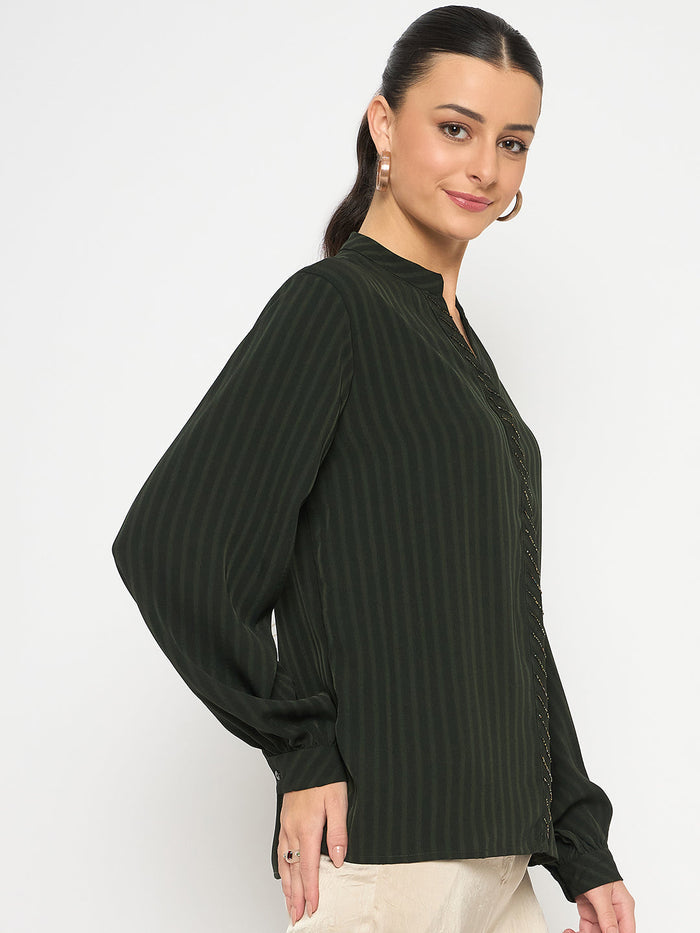 Madame Embellished Striped Cuff Sleeved Green Top