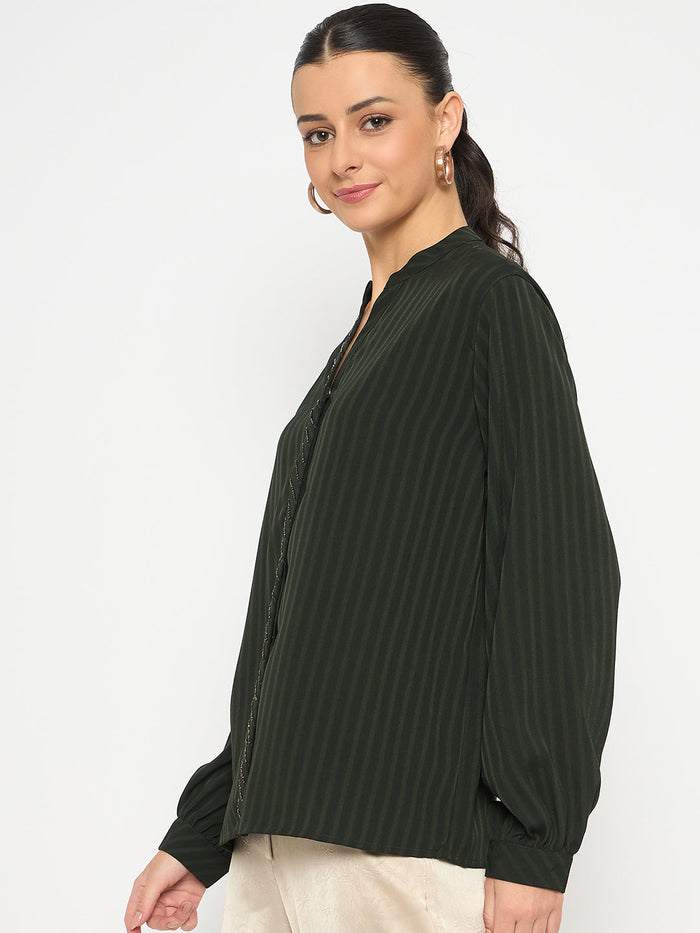 Madame Embellished Striped Cuff Sleeved Green Top