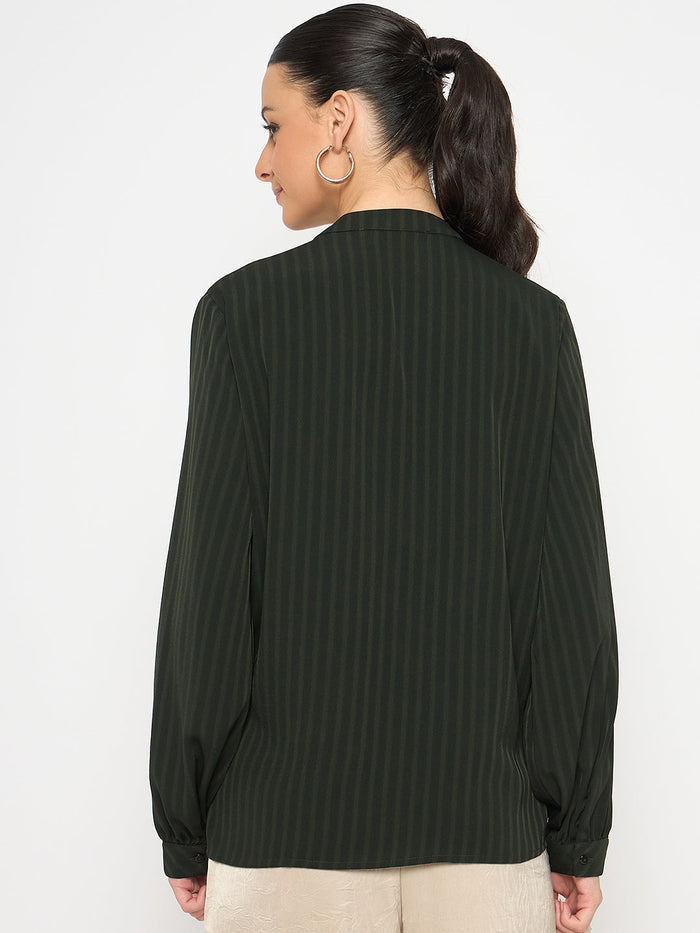 Madame Embellished Striped Cuff Sleeved Green Top