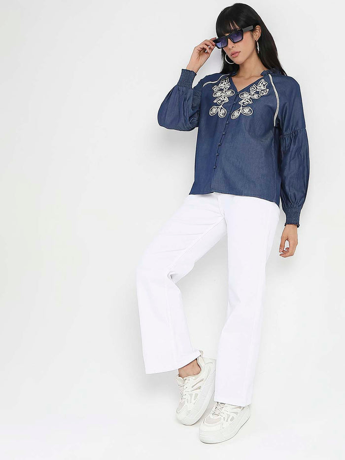 Madame Embroidered Cotton Blend Denim Top