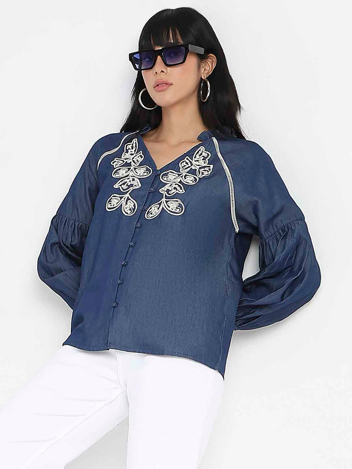 Madame Embroidered Cotton Blend Denim Top