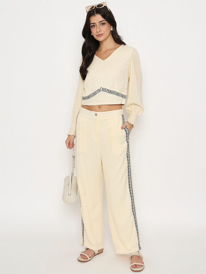 Madame Embroidered Top and Bottom Textured Beige Co-ord Set
