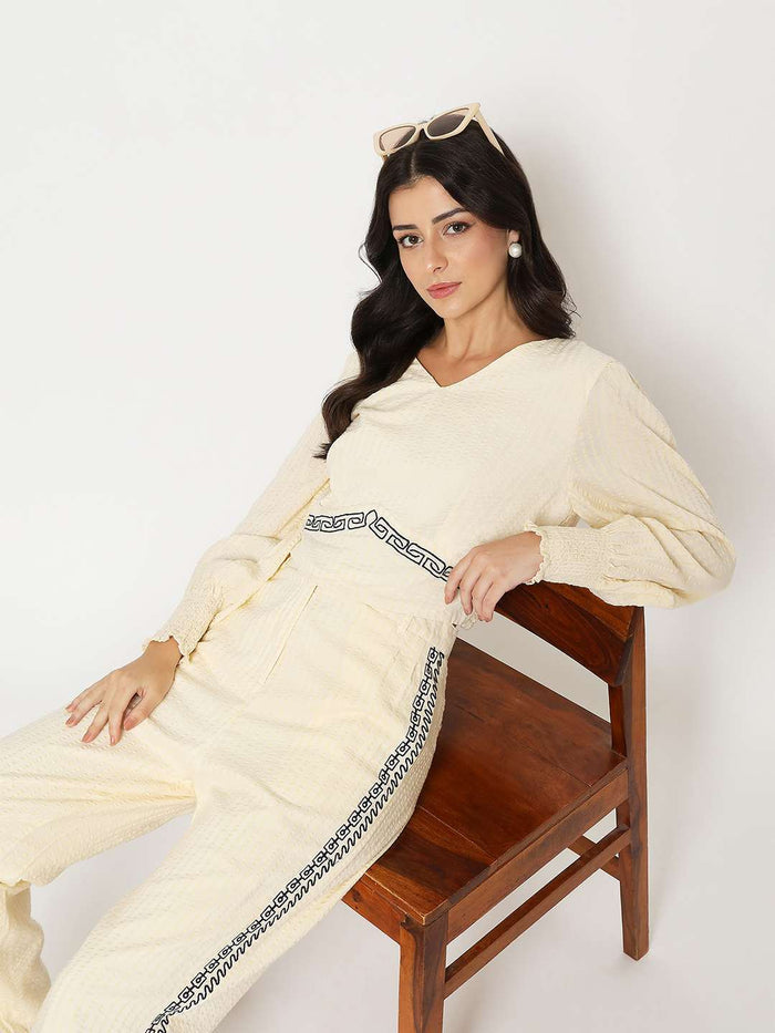 Madame Embroidered Top and Bottom Textured Beige Co-ord Set