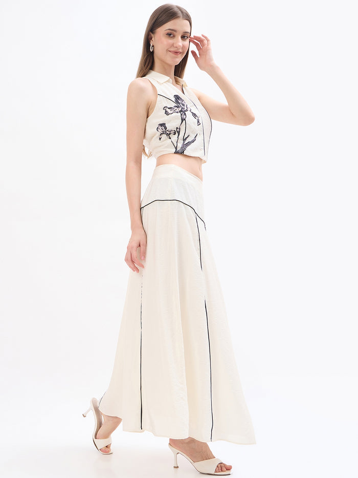 Madame Embroidery Off White Viscose Blend Co-ord Set