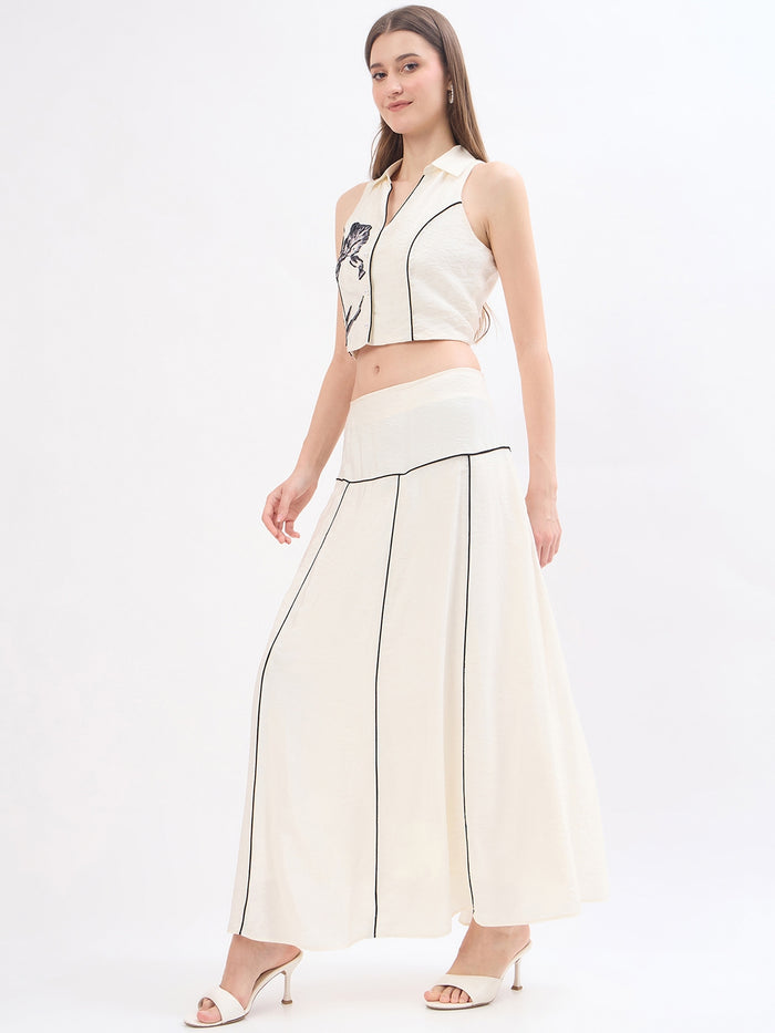 Madame Embroidery Off White Viscose Blend Co-ord Set