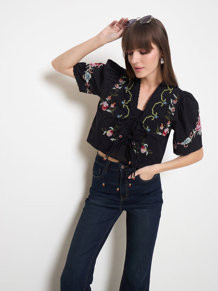 Madame Floral Embroidered Tie-Front Black Crop Top