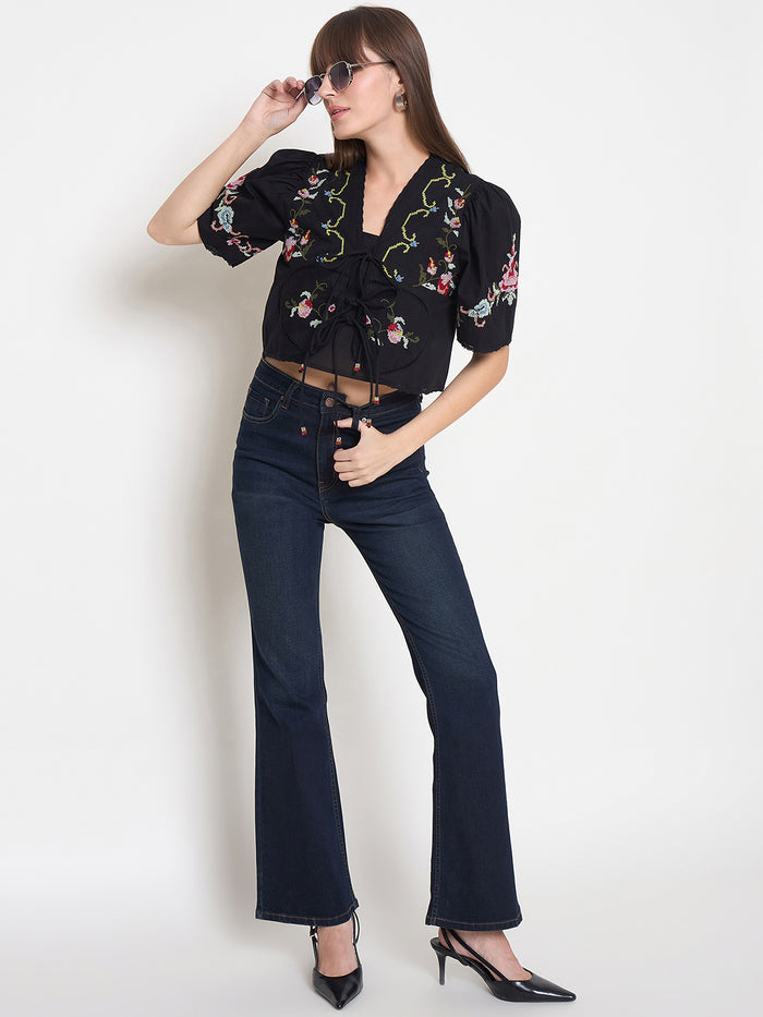Madame Floral Embroidered Tie-Front Black Crop Top