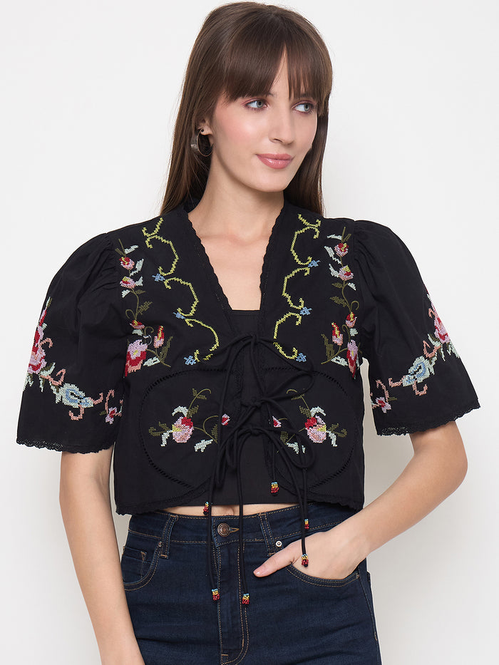 Madame Floral Embroidered Tie-Front Black Crop Top
