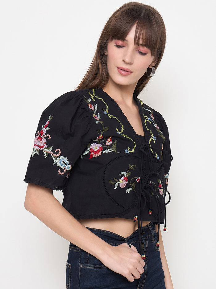 Madame Floral Embroidered Tie-Front Black Crop Top