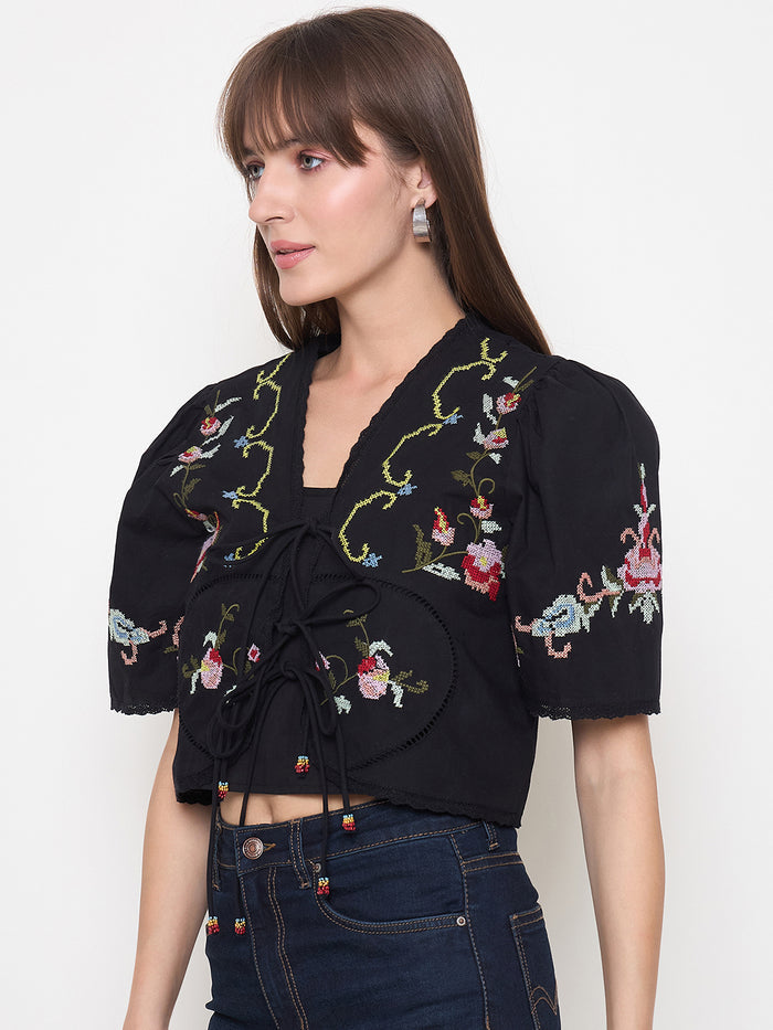 Madame Floral Embroidered Tie-Front Black Crop Top