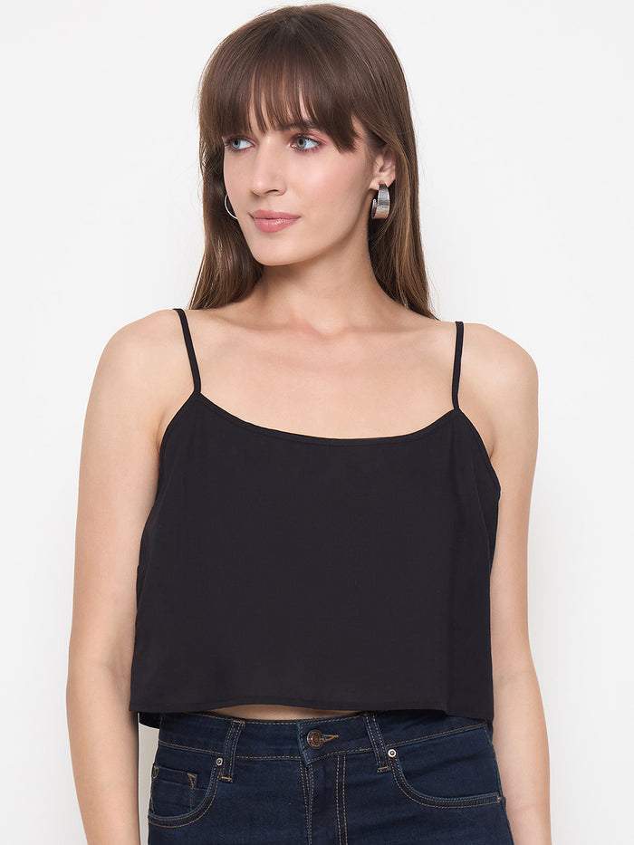 Madame Floral Embroidered Tie-Front Black Crop Top