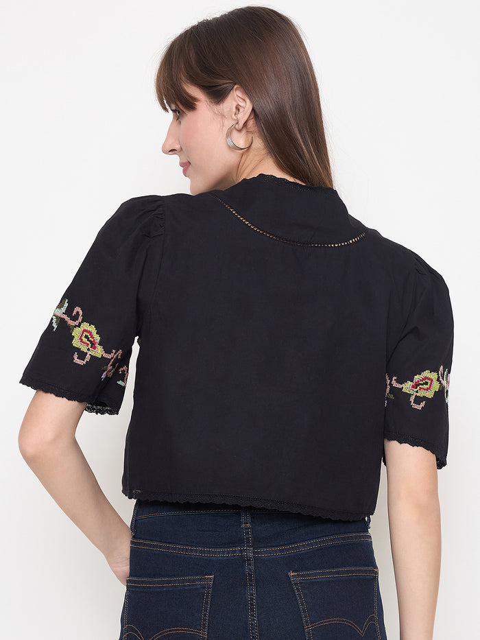 Madame Floral Embroidered Tie-Front Black Crop Top