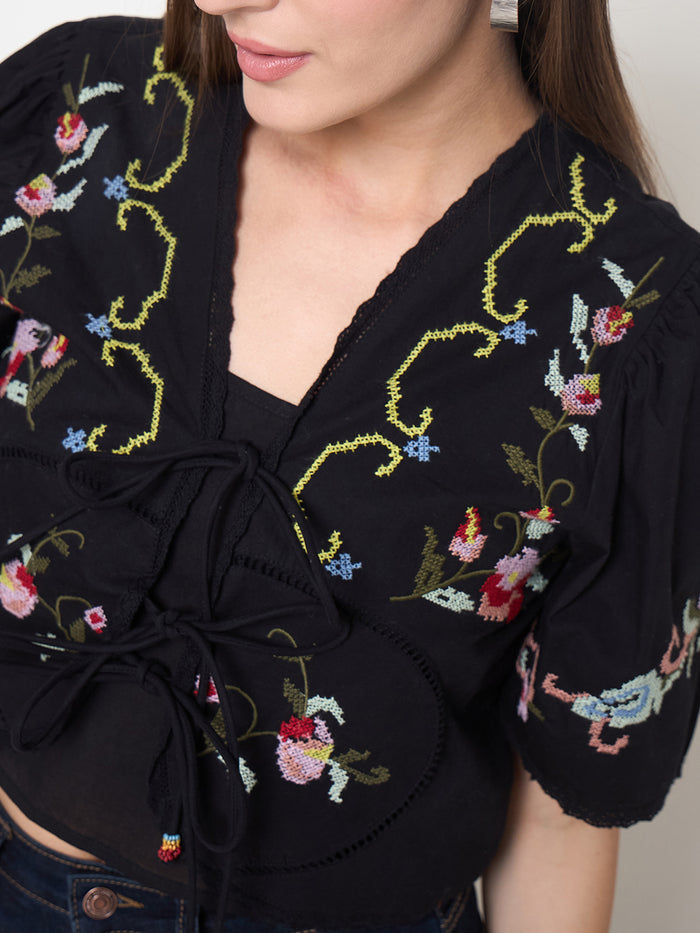 Madame Floral Embroidered Tie-Front Black Crop Top