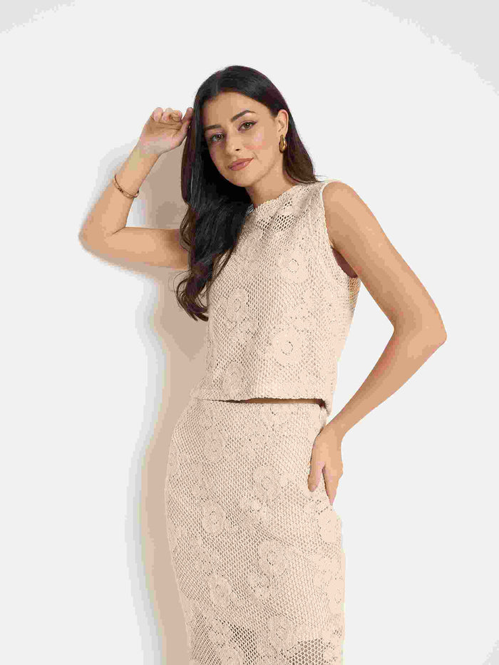 Madame Floral Lace Top and Midi Skirt Beige Co-ord Set