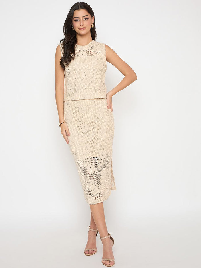 Madame Floral Lace Top and Midi Skirt Beige Co-ord Set