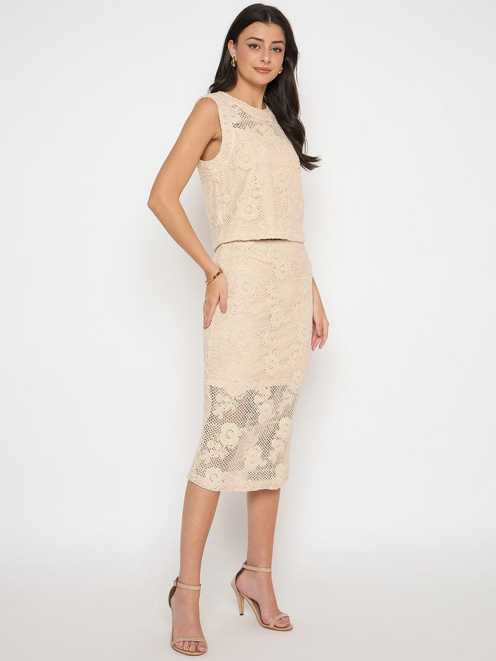 Madame Floral Lace Top and Midi Skirt Beige Co-ord Set