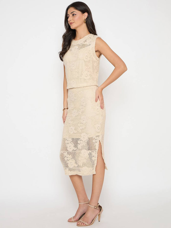 Madame Floral Lace Top and Midi Skirt Beige Co-ord Set