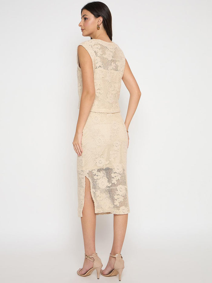 Madame Floral Lace Top and Midi Skirt Beige Co-ord Set