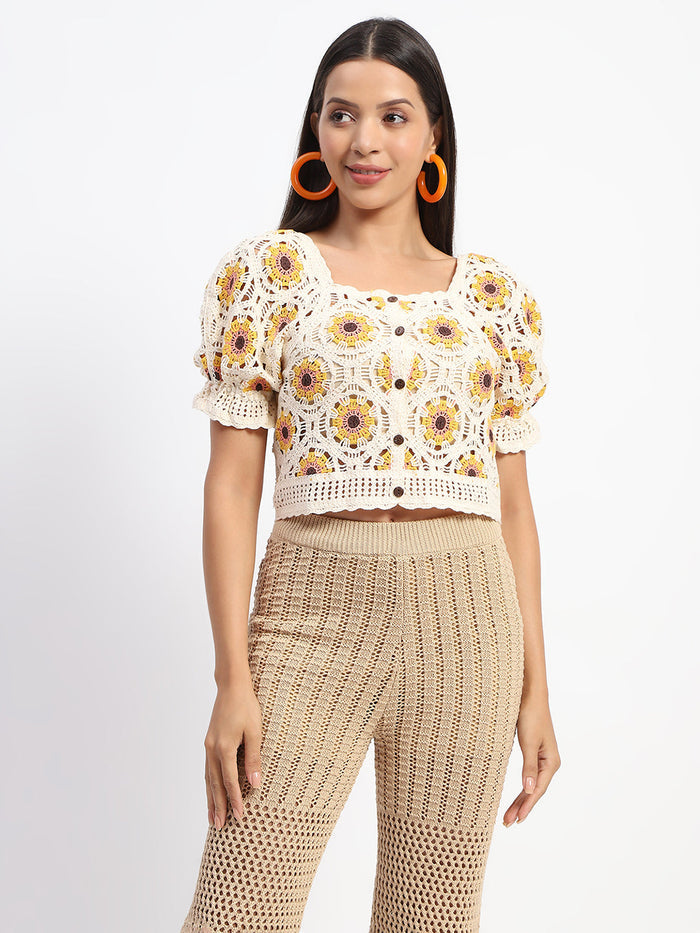 Madame Floral Print Beige Cotton Crochet Top