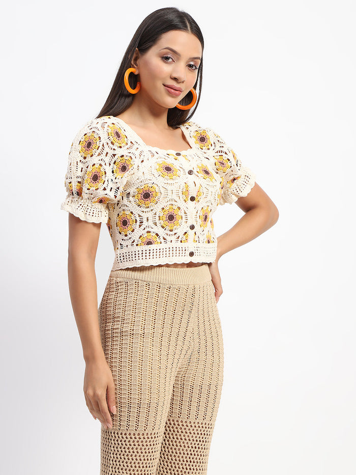 Madame Floral Print Beige Cotton Crochet Top