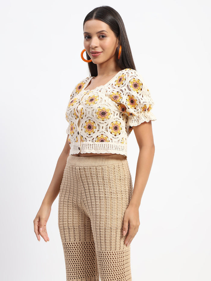 Madame Floral Print Beige Cotton Crochet Top