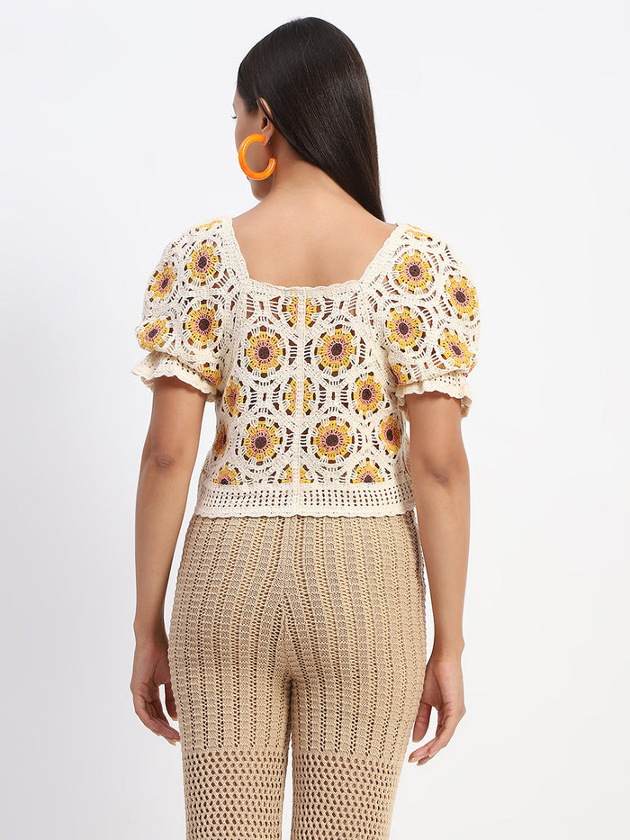 Madame Floral Print Beige Cotton Crochet Top
