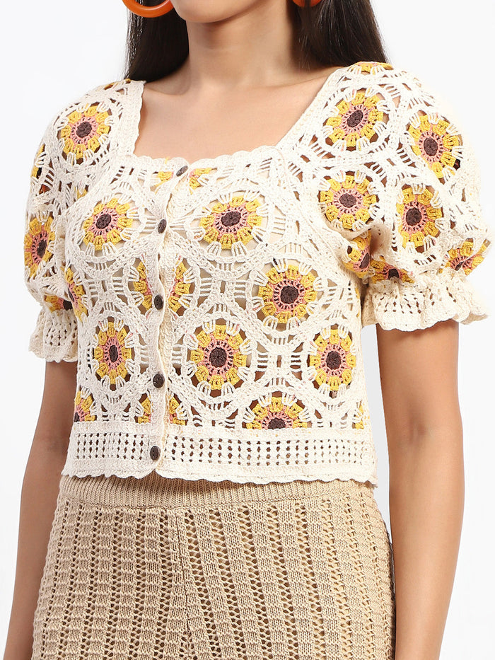 Madame Floral Print Beige Cotton Crochet Top